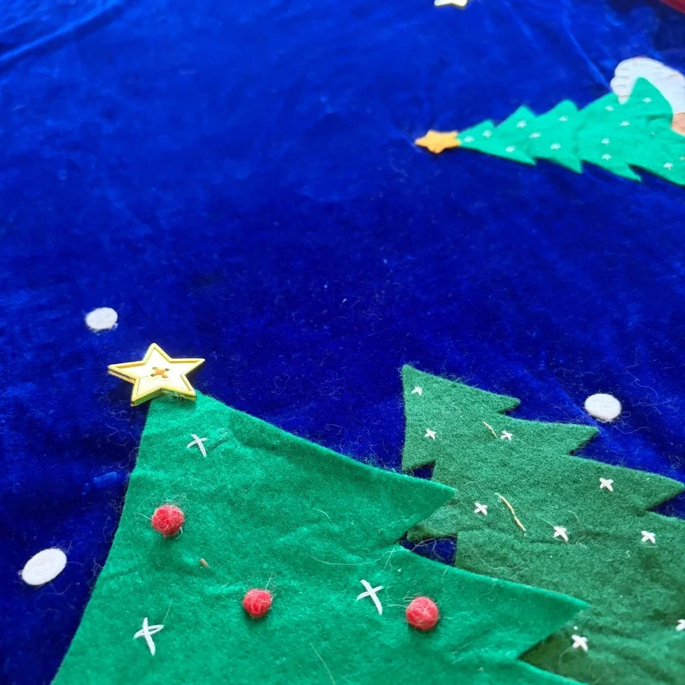 Snowman Skating 3D Felt Applique Blue Velvet Christmas Tree Skirt 43
